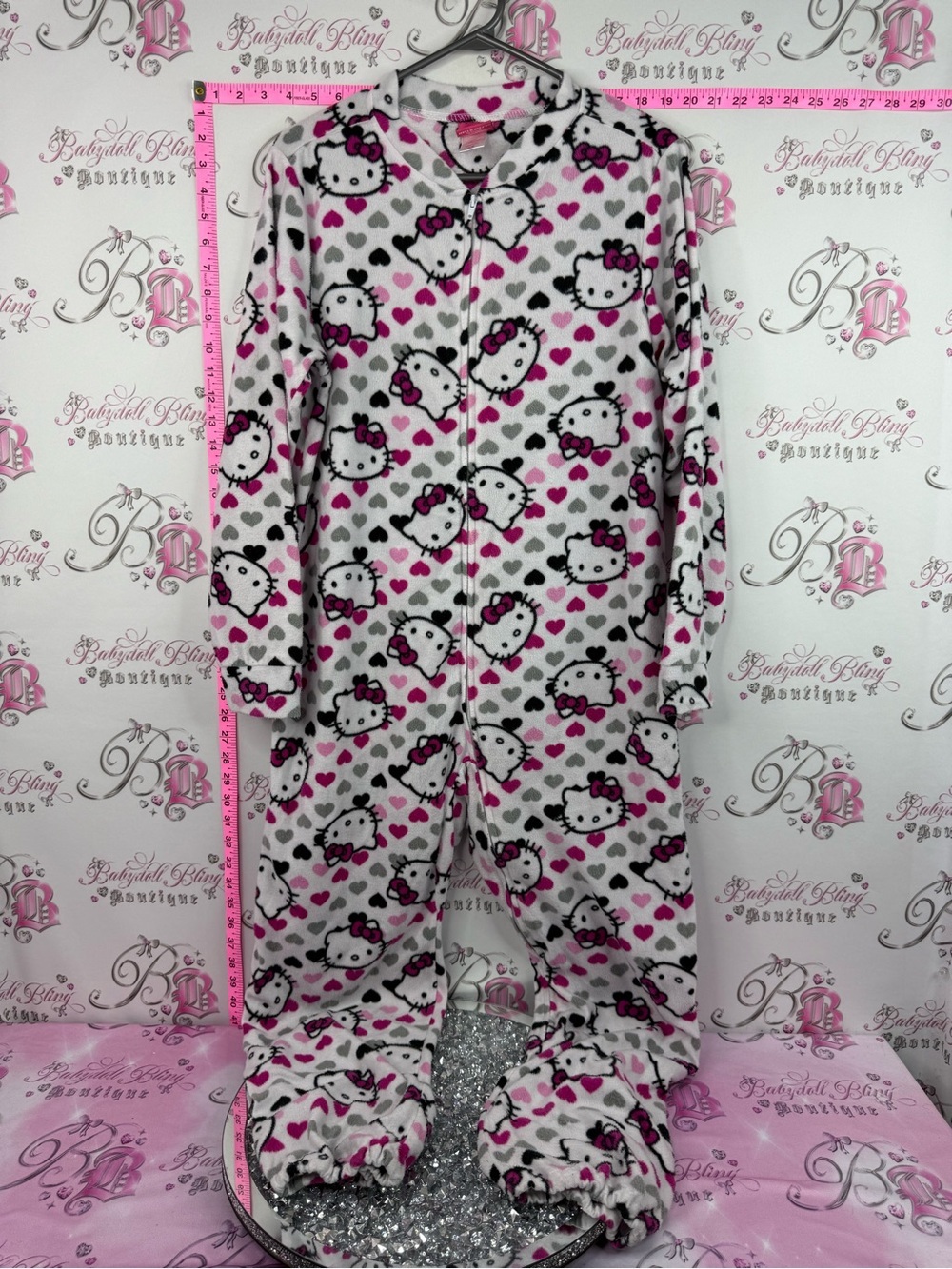 Hello Kitty onesie one piece 2013 fleece Pink & White Heart Plush jogger Pajamas